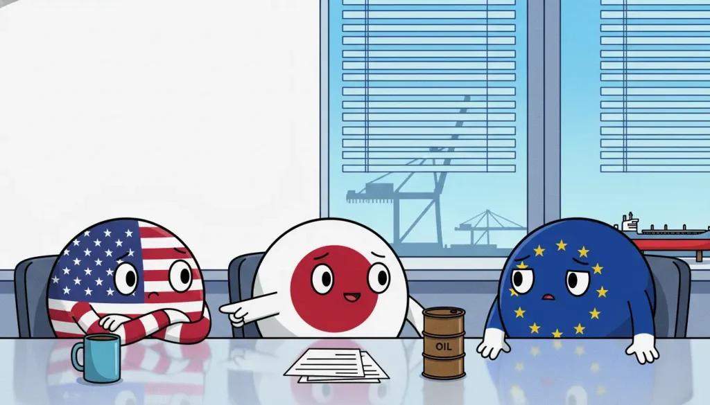 Countryball scene for ceasefire oil drop NISA impact, showing Japanese, American, and EU flag characters reacting differently to the same oil-market relief.