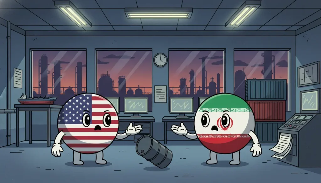 Countryball scene for ceasefire oil drop NISA impact, showing American and Iranian flag characters freezing around a suddenly collapsing oil-market moment.
