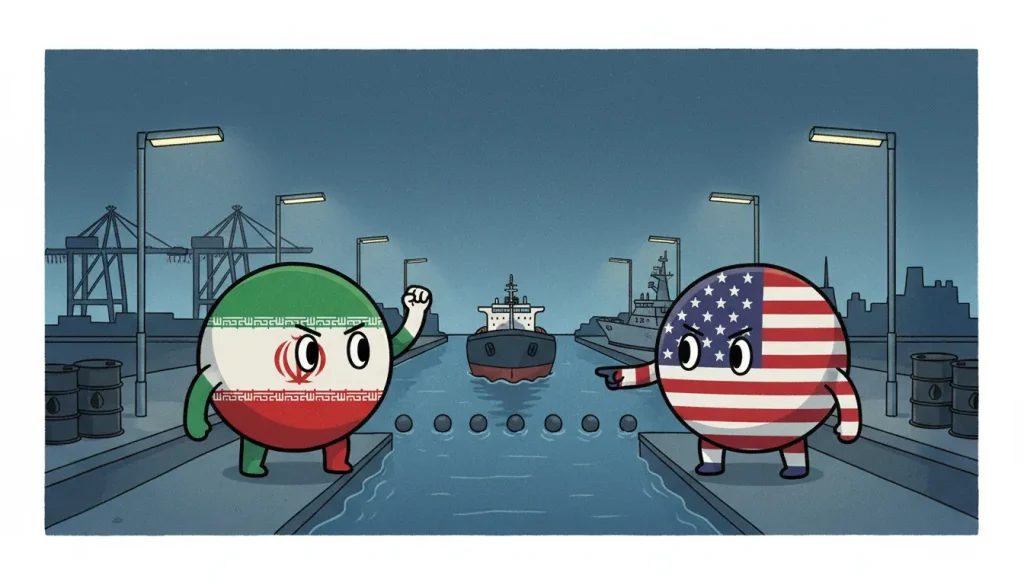 hormuz blockade の緊張の中で、アメリカとイランのCountryballが海峡で激しく向き合う場面。