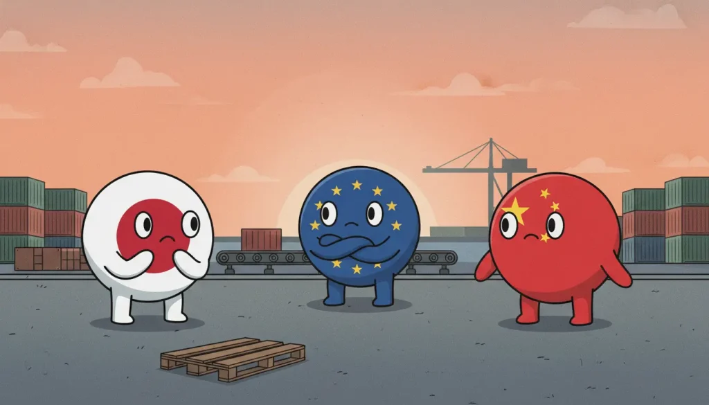 hormuz blockade の影響で、日本・EU・中国のCountryballが止まった物流ラインの前で静かに立ち尽くす場面。