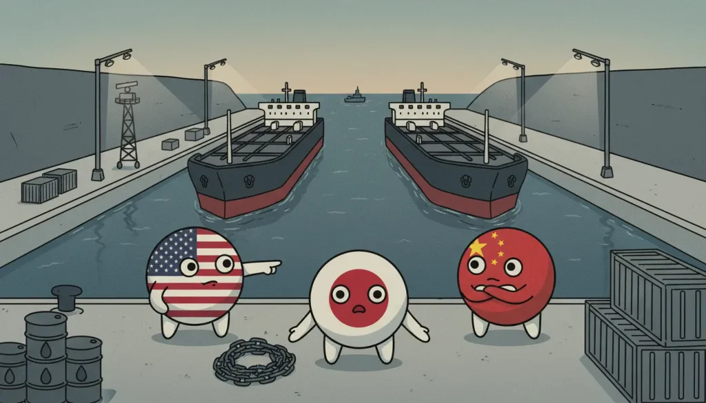 ホルムズ再交渉の行方が読めない中、日本Countryballと米国Countryball、中国Countryballが緊迫した海峡の封鎖空間に立つ場面。