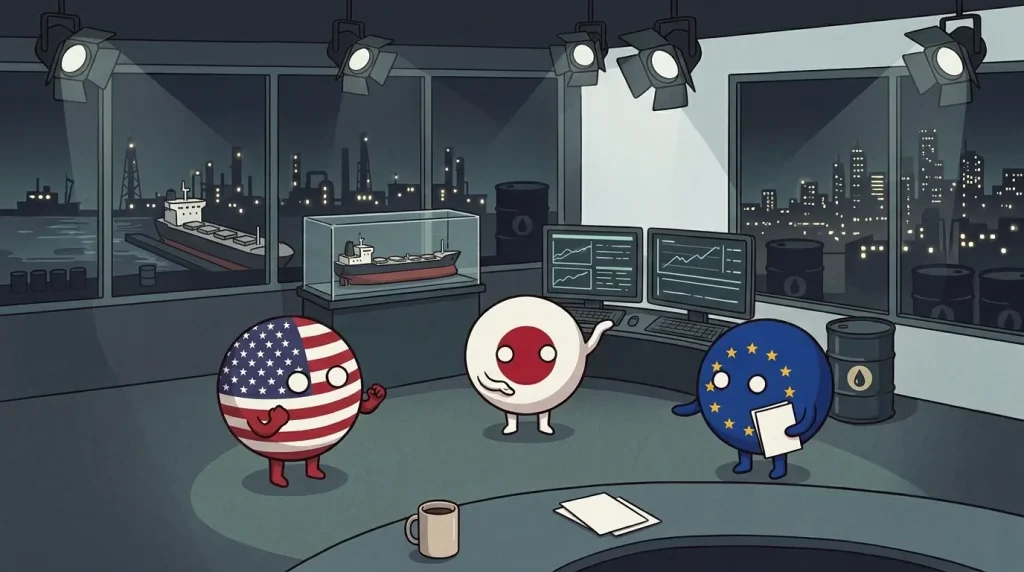 ホルムズ再交渉をめぐり、日本Countryballと米国Countryball、EU Countryballが反転する市場の空気に揺れる場面。