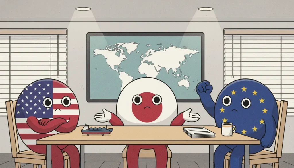 インフレへの世界の反応を示す、アメリカ・日本・ヨーロッパのCountryballキャラクター比較シーン。