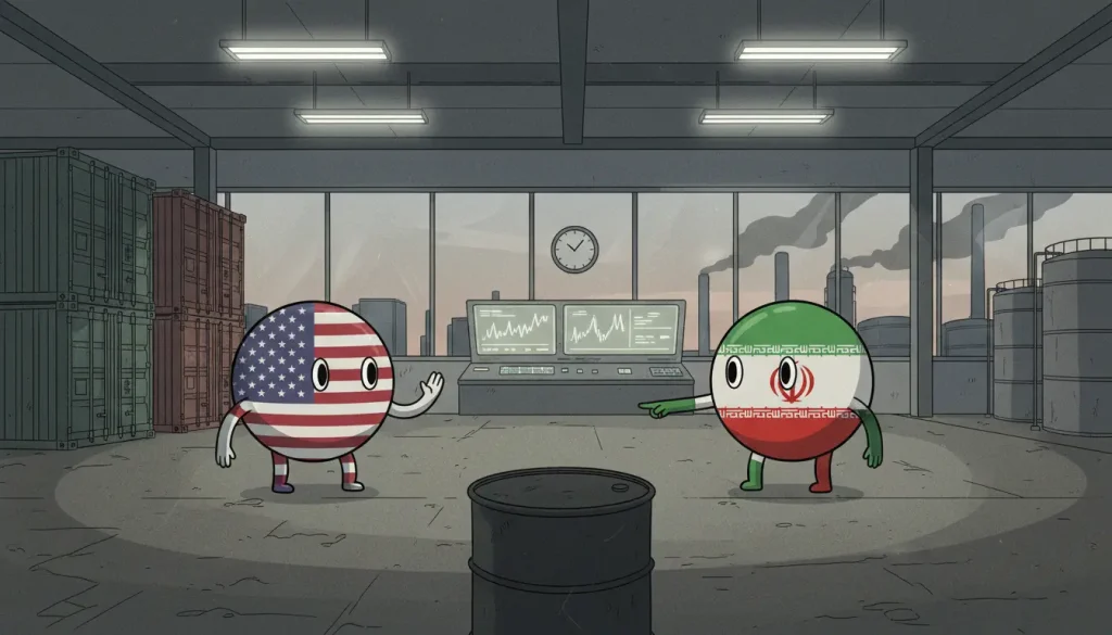 インフレを象徴する原油急騰の瞬間を描いた、アメリカと中東のCountryballキャラクターによる緊張場面。